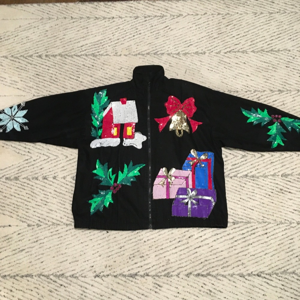 Modi Denim Vintage‎ 80s Sequin Christmas Holiday Statement Jacket Ugly Sweater